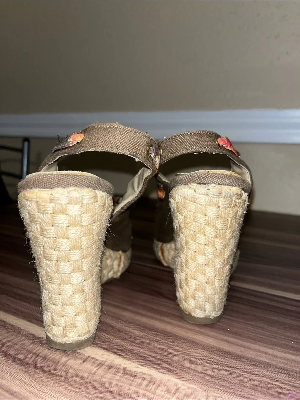 Xhileration Brown Espadrille Wedge Slingback with Floral Bow Accent
